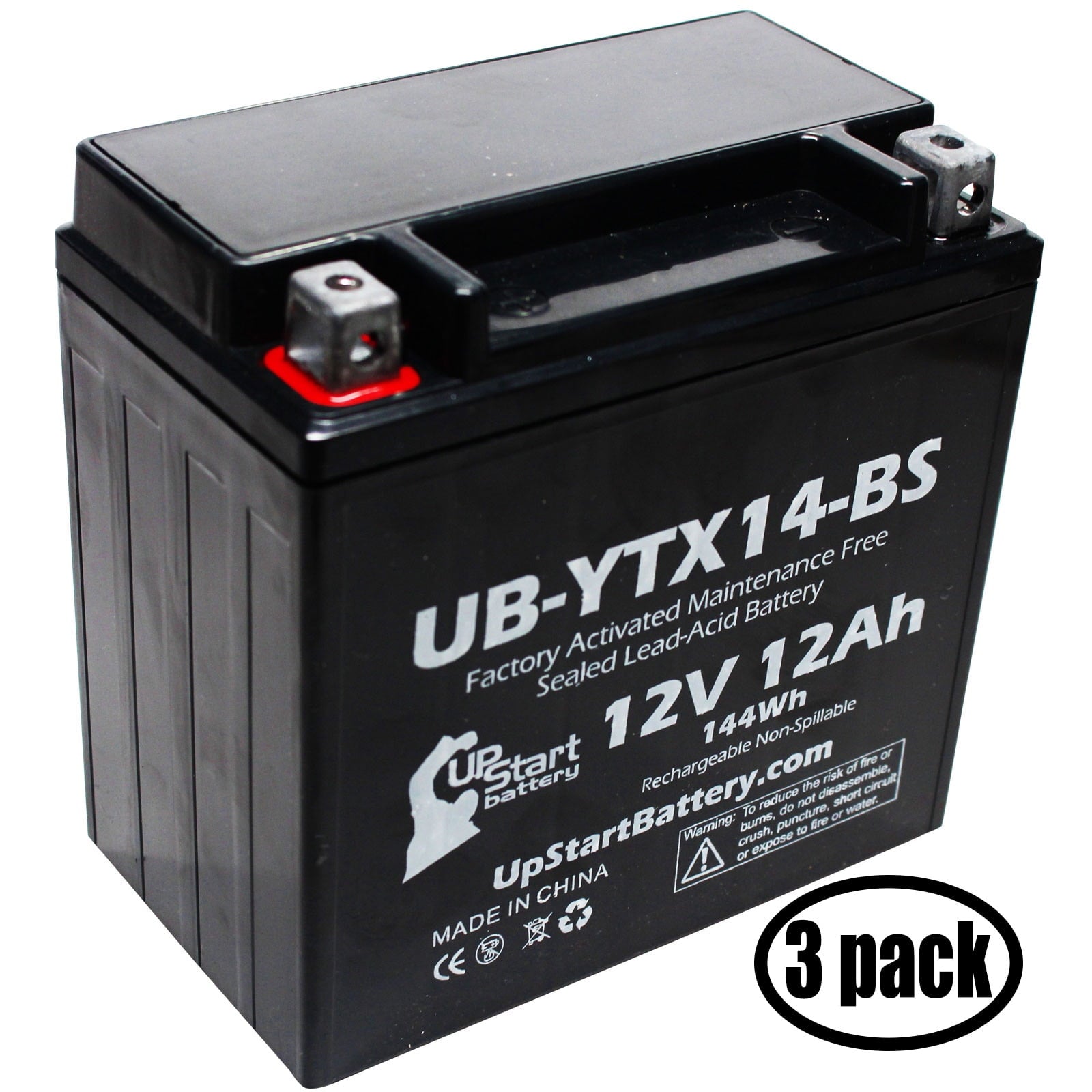 3-Pack UpStart Battery Replacement for 2012 Honda TRX420 Fourtrax Rancher 4x4 420 CC Factory Activated, Maintenance Free, Battery - 12V, 12AH, UB-YTX14-BS