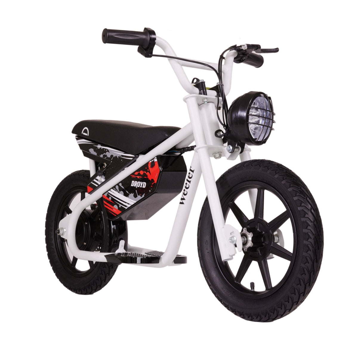 Droyd Weeler Electric Mini Bike - Electric Bike for Kids Ages 6 & Up - 200W Electric Bike Perspective 6.2-10MPH up Screen 8 Miles , 24V 8Ah Battery- White