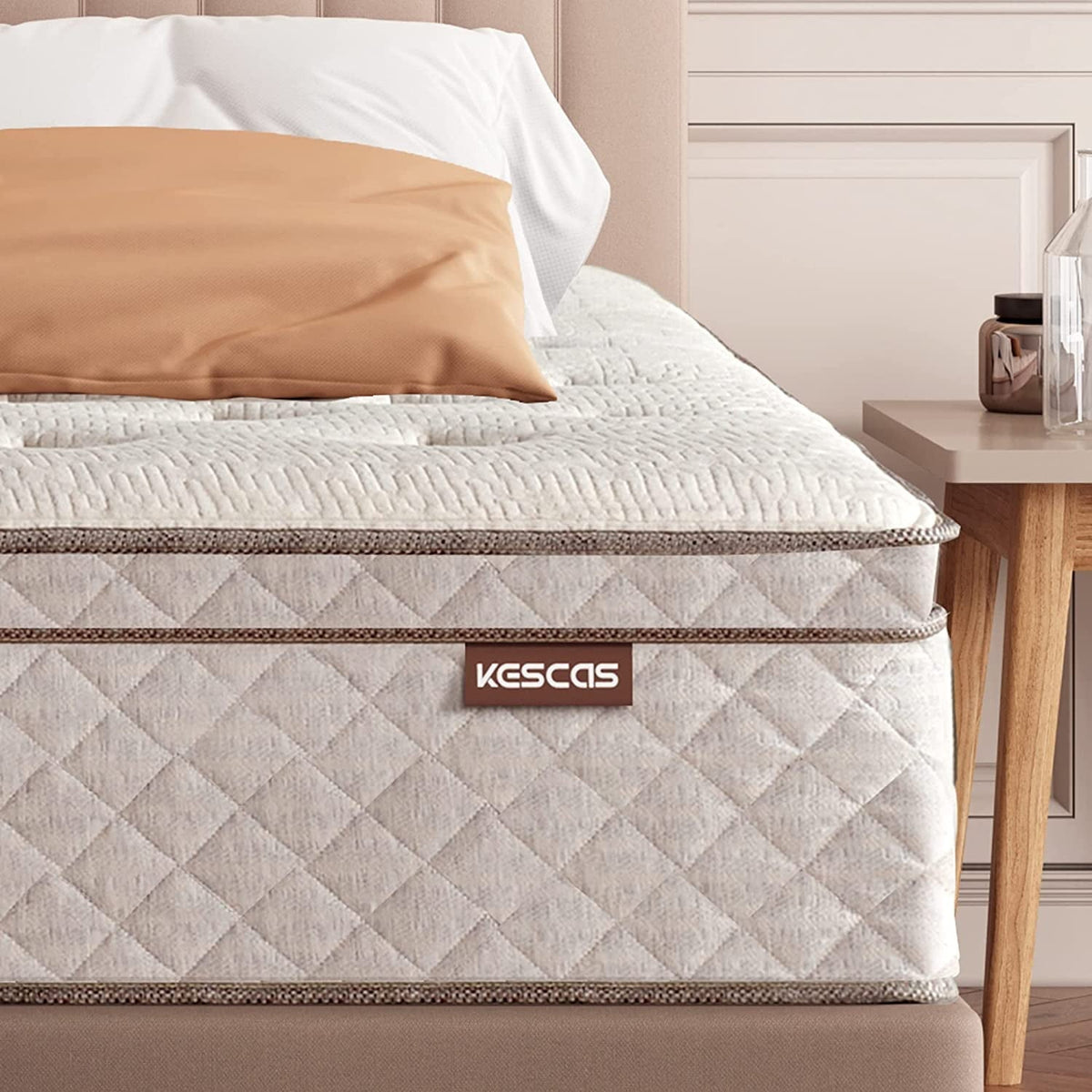 Kescas 12 Inch Memory Foam Hybrid Queen Mattress - Knitted Fabric Cover with Linen - Heavier Coils for Durable Support - Pocket Innersprings for Motion Isolation - Pressure Relieving - Medium Firm