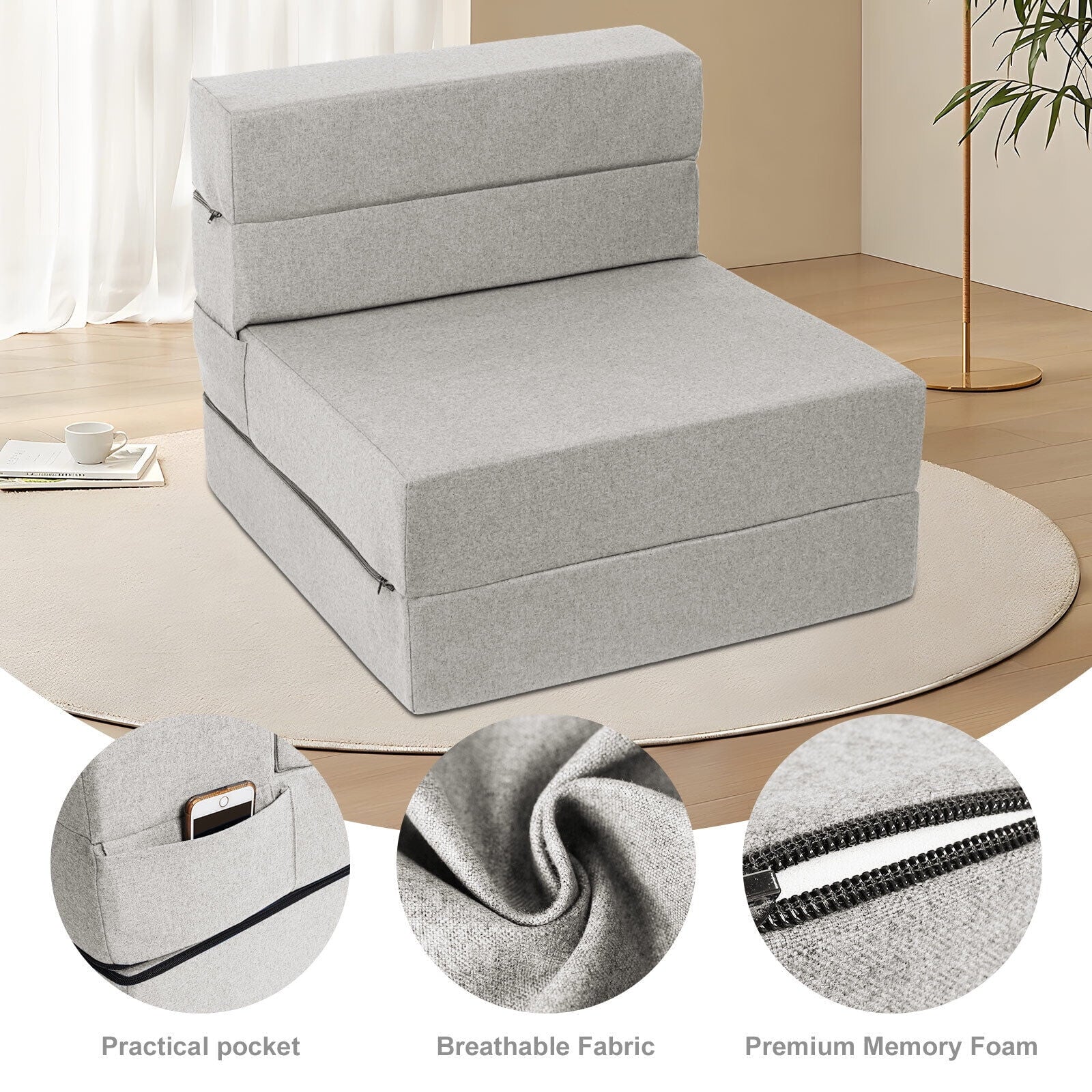 TOPCHANCES 6-Inch Memory Foam Folding Mattress, 4-Fold Sofa Bed with Removable Cover for Bedroom Office Playrooms Dorms, Light Grey