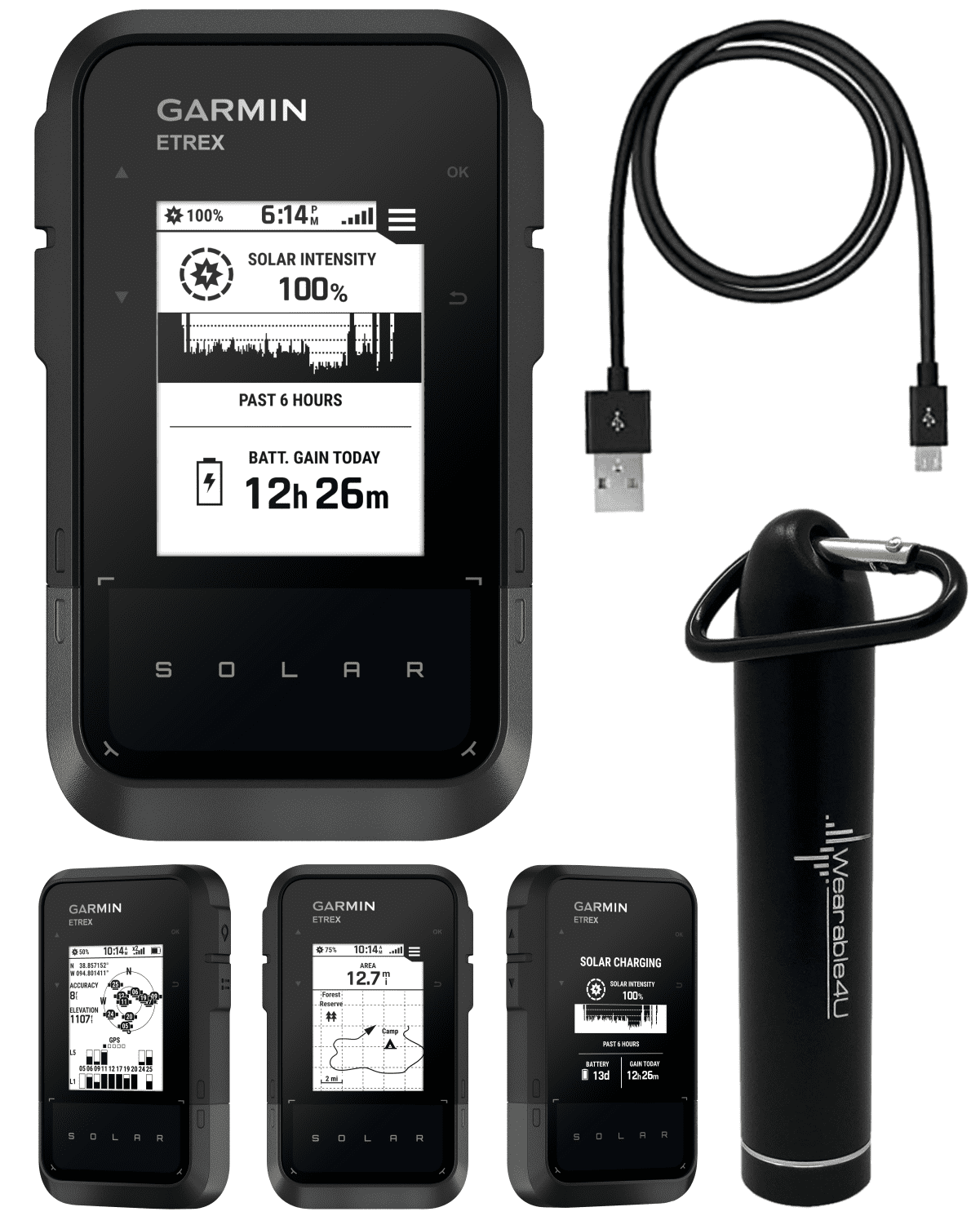 Garmin eTrex Solar, GPS Handheld Navigator, Unlimited Battery Life, Water Resistant with Wearable4U Power Bank Bundle