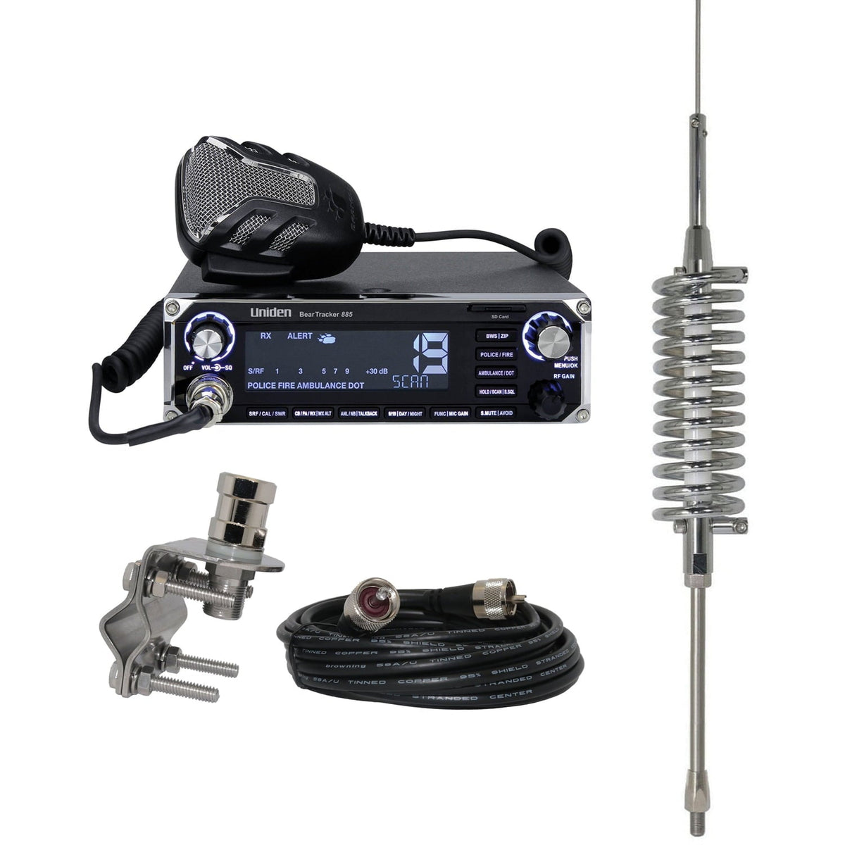 Uniden BearTracker 885 Hybrid CB Radio/Digital Scanner, Browning BR-28 High-Performance Broad Band 63 CB Antenna & BR-MM-18 Mirror-Mount Kit with CB Antenna Coaxial Cable