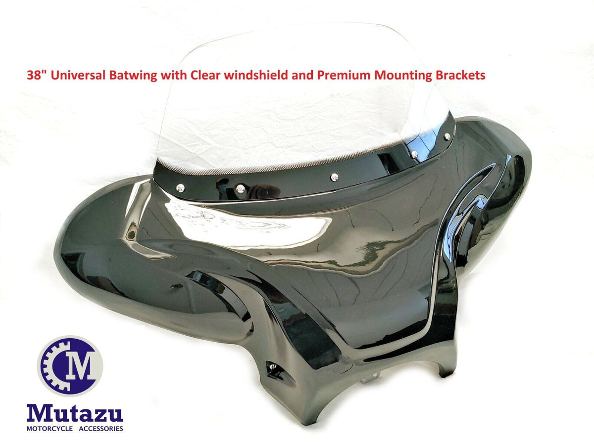 38 Universal Motorcycle Cruiser Batwing Fairing w/ Clear windshield & hardware