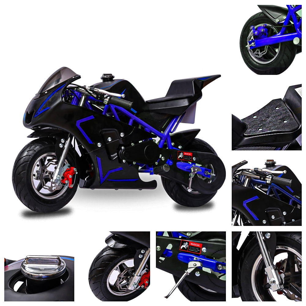 FRP 2 Stroke Pocket Bike 01, Mini Bike for Kids, Mini Pocket Bike W/ Strong Dual Brake, Racing Pocket Rocket Max Speed 20 Mph, Realistic Mini Motorcycle Max Weight 165 LB, Blue