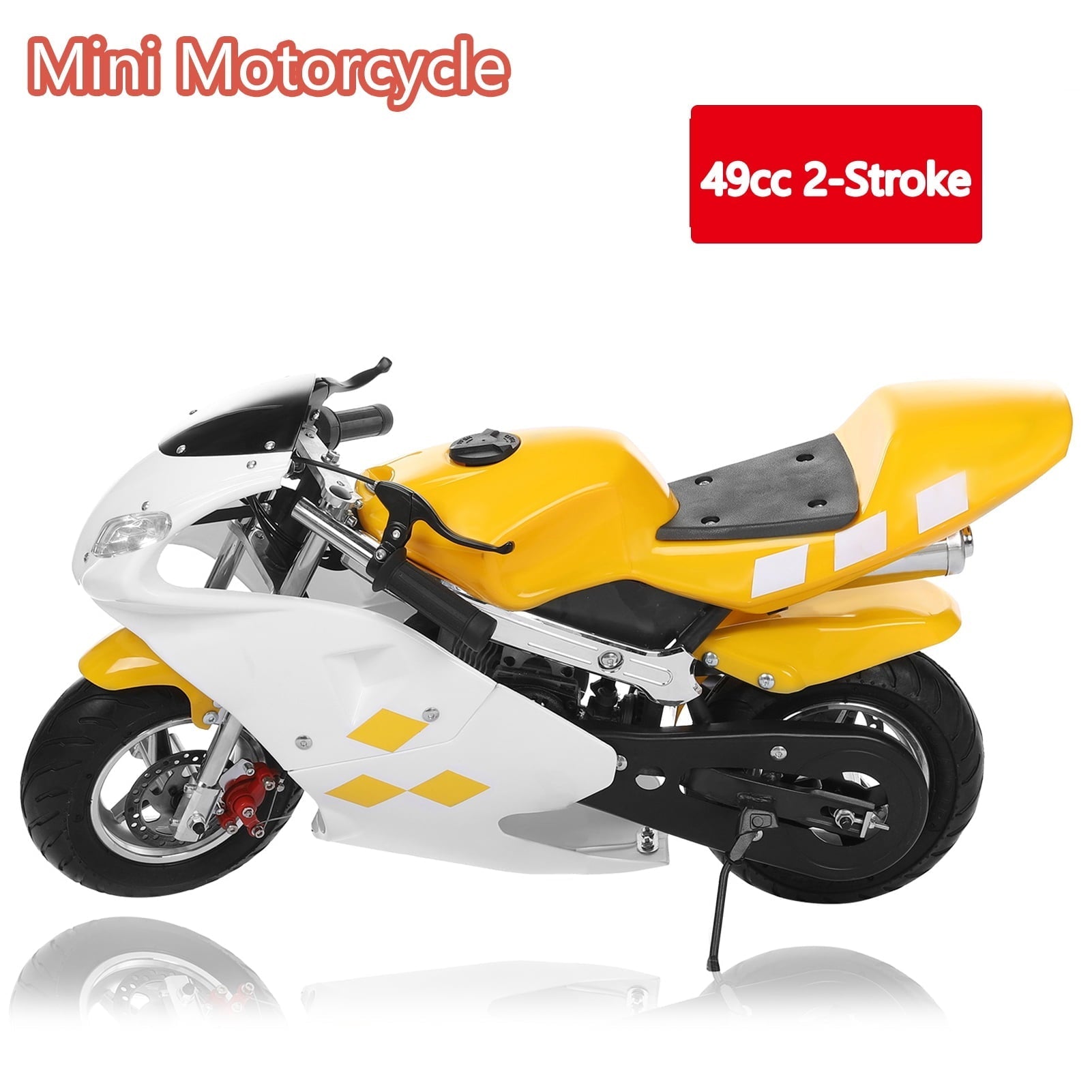 ruhuadgb 49cc 2 Stroke Pocket Bike, Mini Motorcycle for Kids, Gas Pocket Motorbike with Strong Dual Brake, Racing Max Speed 20Mph, Dual Headlights-White & Yellow